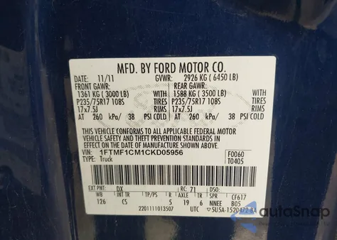 2012 Ford F-150 Stx/Xl/Xlt из США, поврежденный, VIN 01FTMF1CM1CKD0595